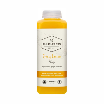 Pulp & Press Spicy Lemon. Cold Pressed Organic. Made with 100% fruit and vegetable juice. 473 ml. 